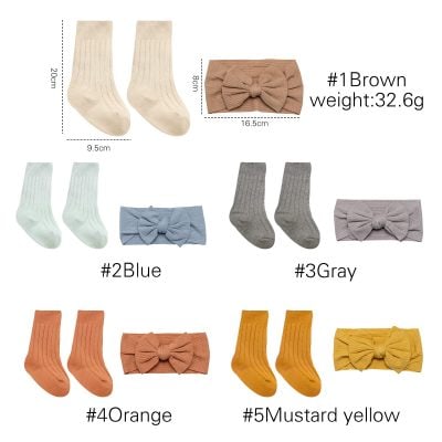 Soft cotton baby socks and adorable headbands in various colors, perfect for infants. Includes brown, blue, gray, orange, and yellow options with matching bow headbands for baby girls.