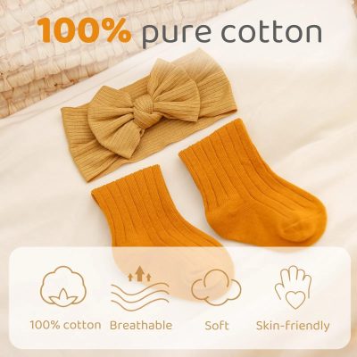 100% pure cotton headbands and socks set, soft and breathable accessories for comfortable daily wear, skin-friendly material ideal for sensitive skin, perfect for infants and children.