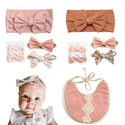 Pink baby headbands with bow, floral and patterned designs for infants, stylish hair accessories for girls.