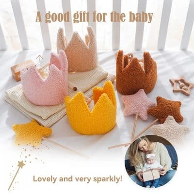 Pink, yellow, and brown plush crown toys for babies, perfect as cute gift ideas from Monalisa Store for new parents and special occasions.