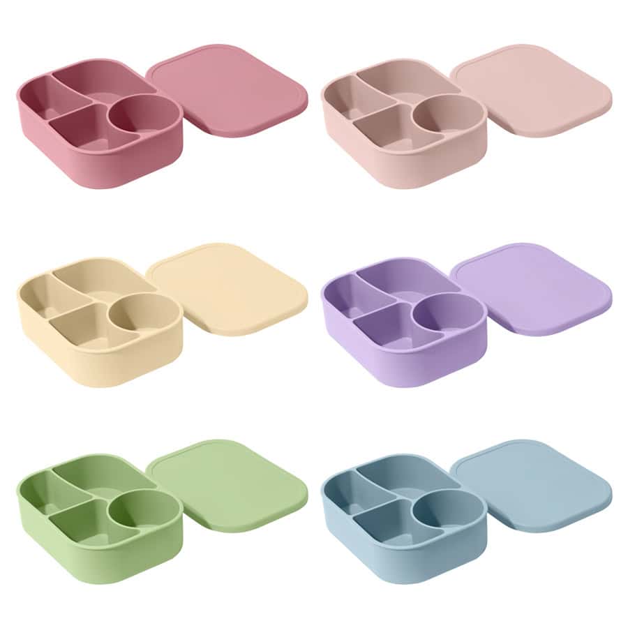 Pink, beige, purple, green, and blue silicone baby divided plates with lids ideal for feeding and child meal prep, featuring compartments for different foods on Monalisa Store website.