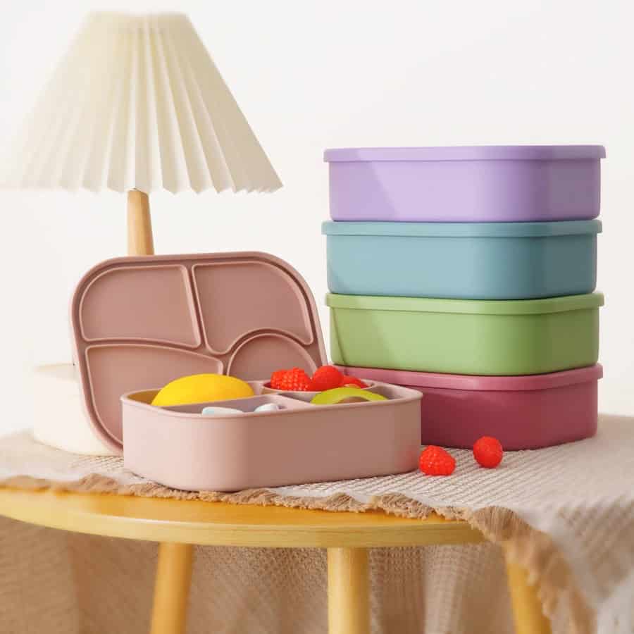 Colorful Monalisa food storage containers for kids with divided compartments, ideal for school lunches, snacks, and meal prep, made from safe, durable materials, perfect for organization.
