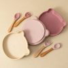 Cute bear-shaped silicone plates for kids, set with wooden baby spoons and forks, pastel pink and cream colors, perfect for themed kids' mealtime at Monalisa Store, ideal for children’s tableware.