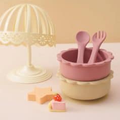 Pink and cream children's tea set with utensils, mini cake, and star-shaped cookie, perfect for pretend play, made of safe, child-friendly material, ideal for Monalisa Store's kids' toy collection.