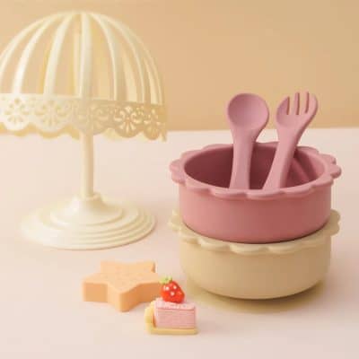 Pink and cream children's tea set with utensils, mini cake, and star-shaped cookie, perfect for pretend play, made of safe, child-friendly material, ideal for Monalisa Store's kids' toy collection.