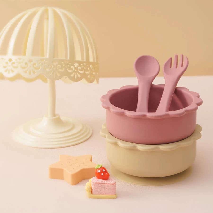 Pink and cream children's tea set with utensils, mini cake, and star-shaped cookie, perfect for pretend play, made of safe, child-friendly material, ideal for Monalisa Store's kids' toy collection.