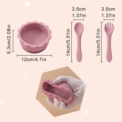 Silicone food molds and utensils set, including bowl, spoon, and fork, ideal for baking, kids' meals, and creative cooking, made from food-grade silicone for safe use.