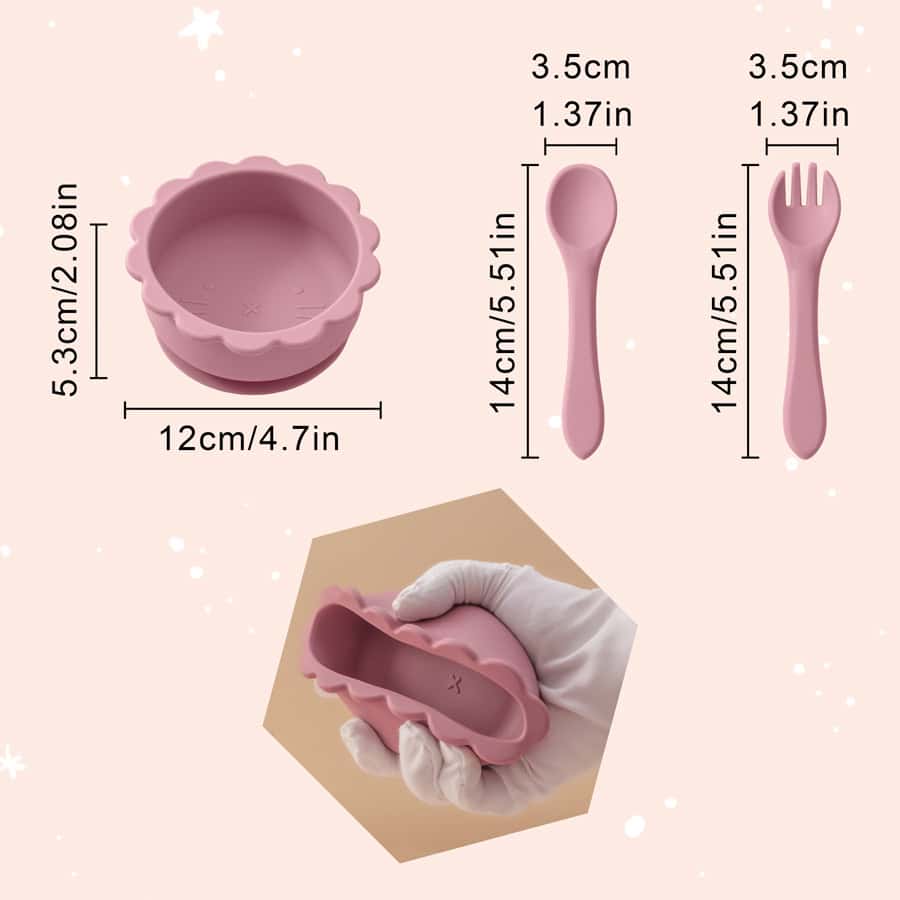 Silicone food molds and utensils set, including bowl, spoon, and fork, ideal for baking, kids' meals, and creative cooking, made from food-grade silicone for safe use.