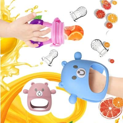Bright colorful baby teethers and snack holders shaped like bears, with floating citrus fruits and juice splashes, perfect for infants.