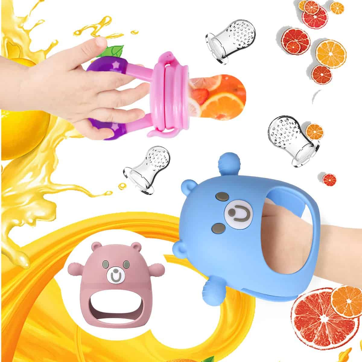 Bright colorful baby teethers and snack holders shaped like bears, with floating citrus fruits and juice splashes, perfect for infants.