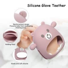 Silicone bear-shaped teether for infants, soft silicone material, chew toy with reinforcement design, prevents baby from swallowing or choking, ideal for teething relief and sensory development.