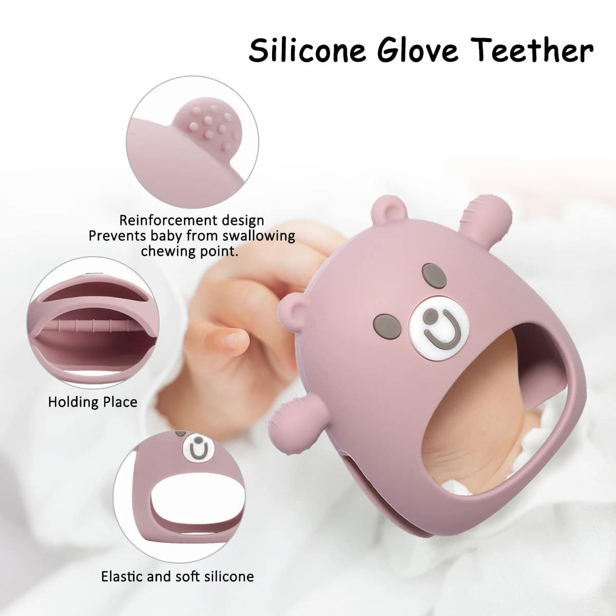 Silicone bear-shaped teether for infants, soft silicone material, chew toy with reinforcement design, prevents baby from swallowing or choking, ideal for teething relief and sensory development.