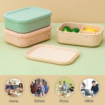Reusable silicone food storage containers with leak-proof lids, perfect for meal prep and on-the-go lunches at school, work, picnics, and home.