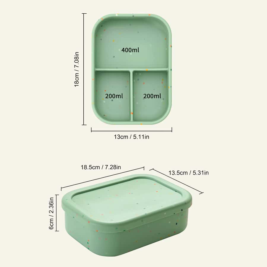 Custom silicone food storage container, divided sections 400ml and 200ml, eco-friendly meal prep lunch box, portable and durable kitchen storage solution.