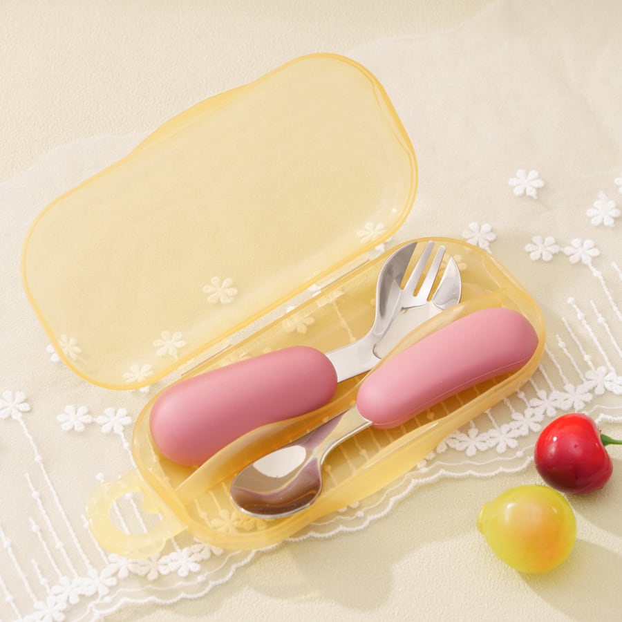Pink baby utensils set in a yellow case, ideal for infants and toddlers, perfect for feeding and caregiving.