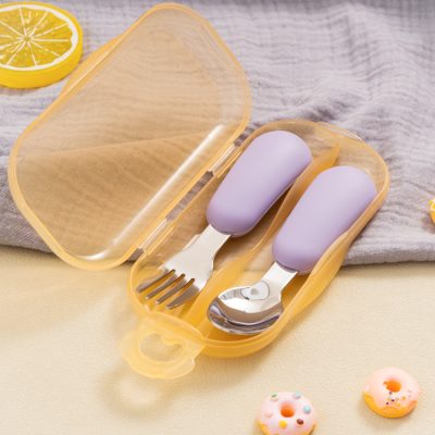 Stainless steel baby spoon and fork with purple silicone handles in a yellow case, ideal for kids and toddlers, perfect for travel and outdoor feeding.