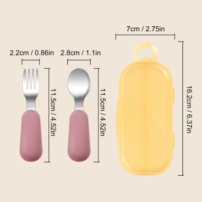 Miniature pink and silver fork and spoon set with dimensions, paired with a yellow portable container, perfect for kids' meals or travel, emphasizing compact and lightweight design for convenience.