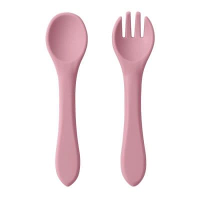 Pink baby spoon and fork set, ideal for feeding infants, made of safe and durable materials, perfect for introducing solid foods, designed for early childhood nutrition.