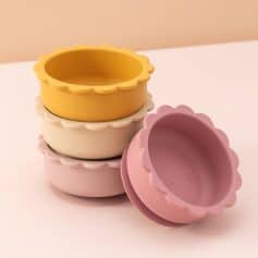Yellow, white, and pink silicone bowls stacked in a stylish display, perfect for skincare or beauty treatments at Monalisa Store for optimal eye care and aesthetic beauty products.