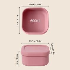 Silicone food storage container with 600ml capacity, pink color, square shape, 13x13cm, microwave and dishwasher safe, ideal for kitchen organization and meal prep.