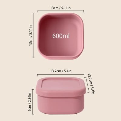 Silicone food storage container with 600ml capacity, pink color, square shape, 13x13cm, microwave and dishwasher safe, ideal for kitchen organization and meal prep.