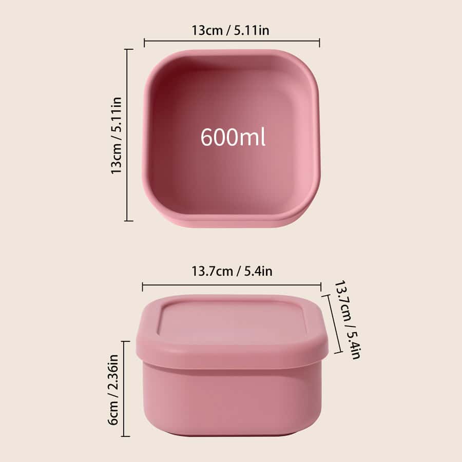 Silicone food storage container with 600ml capacity, pink color, square shape, 13x13cm, microwave and dishwasher safe, ideal for kitchen organization and meal prep.