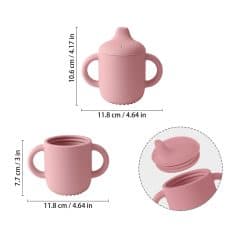 Pink baby feeder sippy cup with handles, silicone spout, and leak-proof lid, ideal for infants transitioning to solid foods. Perfect for easy feeding and reducing mess during bottle transition.