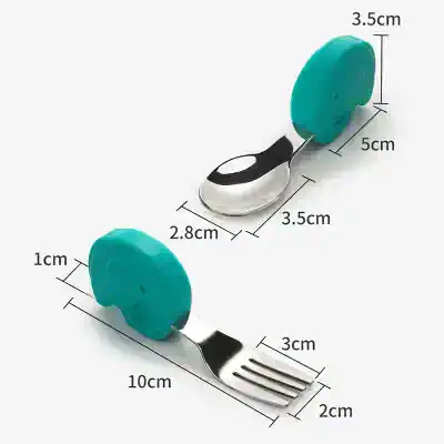 Cute elephant-shaped baby spoon and fork set, ergonomic stainless steel utensils with soft silicone handles for infants and toddlers, ideal for feeding and promoting independent eating at Monalisa Store.