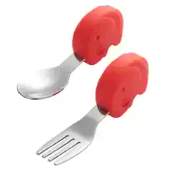 Red silicone earplug molds shaped like ears with metal spoon and fork handles, ideal for creating custom hearing protection or ear-shaped crafts, available at Monalisa Medical Store.