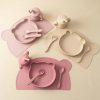 Cute bear-shaped silicone plate set for kids with matching spoon, fork, and teapot, ideal for mealtime, baby feeding, and nursery decor, non-toxic and easy to clean.