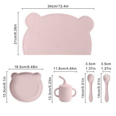 Cute bear-shaped silicone plate and utensils for kids, including a pacifier, spoon, and fork, perfect for children’s mealtime, made from safe, non-toxic materials.