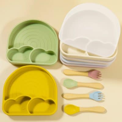 Brightly colored silicone Baby or Toddler feeding dish set with divided sections, spoons, and forks, perfect for easy feeding and mealtimes at Monalisa Store.