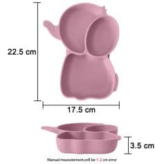Elephant-shaped silicone baby plate and bowl set, 22.5cm x 17.5cm, soft pink kids' suction dinnerware, easy to clean, ideal for toddlers and young children, features animal design for playful eating experience.