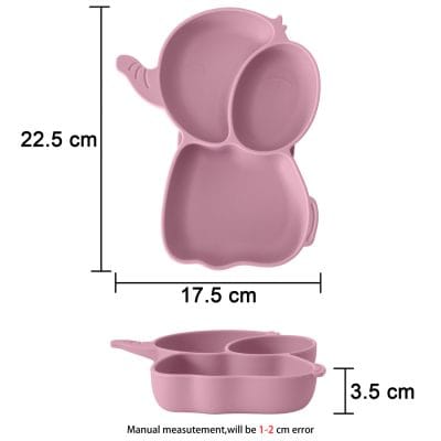 Elephant-shaped silicone baby plate and bowl set, 22.5cm x 17.5cm, soft pink kids' suction dinnerware, easy to clean, ideal for toddlers and young children, features animal design for playful eating experience.