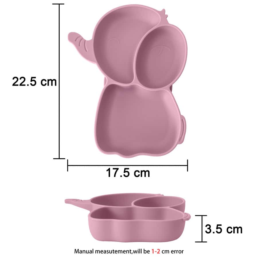 Elephant-shaped silicone baby plate and bowl set, 22.5cm x 17.5cm, soft pink kids' suction dinnerware, easy to clean, ideal for toddlers and young children, features animal design for playful eating experience.