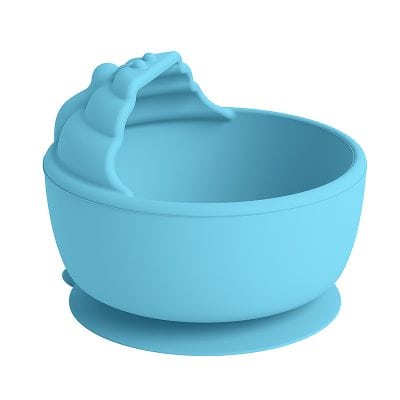 Blue silicone breast pump with ergonomic handle for easy expression of breast milk.