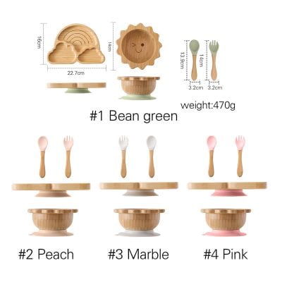Wooden children's dinnerware set with colorful spoons, safe for kids, eco-friendly, and designed for easy handling. Perfect for toddlers and preschoolers, promoting healthy eating habits.