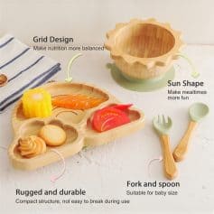 Colorful wooden baby food tray with divided sections, designed for balanced nutrition and mealtime fun, includes fork and spoon; perfect for baby-sized servings with rugged, durable construction.