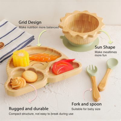 Colorful wooden baby food tray with divided sections, designed for balanced nutrition and mealtime fun, includes fork and spoon; perfect for baby-sized servings with rugged, durable construction.