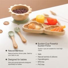 Bamboo baby plate with food, safe and natural, designed for infants; features suction cup for stability, BPA-free, PVC-free, hypoallergenic, suitable for healthy baby development.