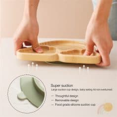 Bamboo baby feeding tray with silicone suction cup, large super suction cup design, safe and easy to clean, ideal for baby's mealtime and feeding accessories.