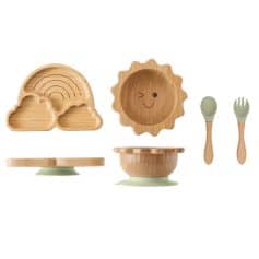 Natural wooden children’s dinnerware set with cloud, sun, plate, bowl, spoon, and fork, eco-friendly and safe for kids, ideal for family meals and educational dining.