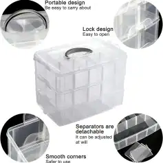 Clear plastic storage box with adjustable separators for organized storage. Portable design with lock features for easy carrying and secure closure, ideal for storing medical supplies, accessories, or small items.