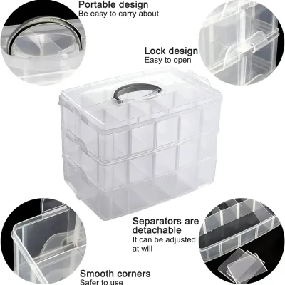 Clear plastic storage box with adjustable separators for organized storage. Portable design with lock features for easy carrying and secure closure, ideal for storing medical supplies, accessories, or small items.