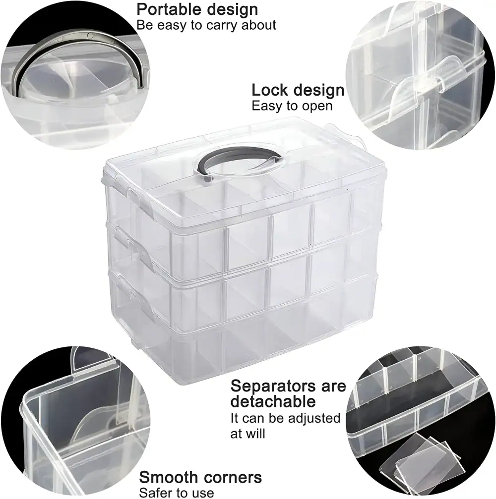 Clear plastic storage box with adjustable separators for organized storage. Portable design with lock features for easy carrying and secure closure, ideal for storing medical supplies, accessories, or small items.