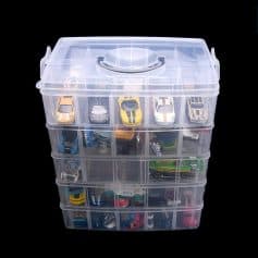 Clear plastic storage box with multi-level compartments for toy cars and collectibles, perfect for kids' room organization.