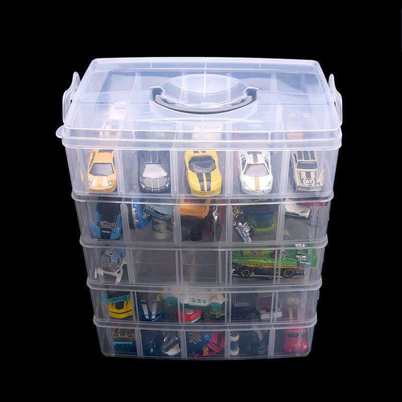 Clear plastic storage box with multi-level compartments for toy cars and collectibles, perfect for kids' room organization.
