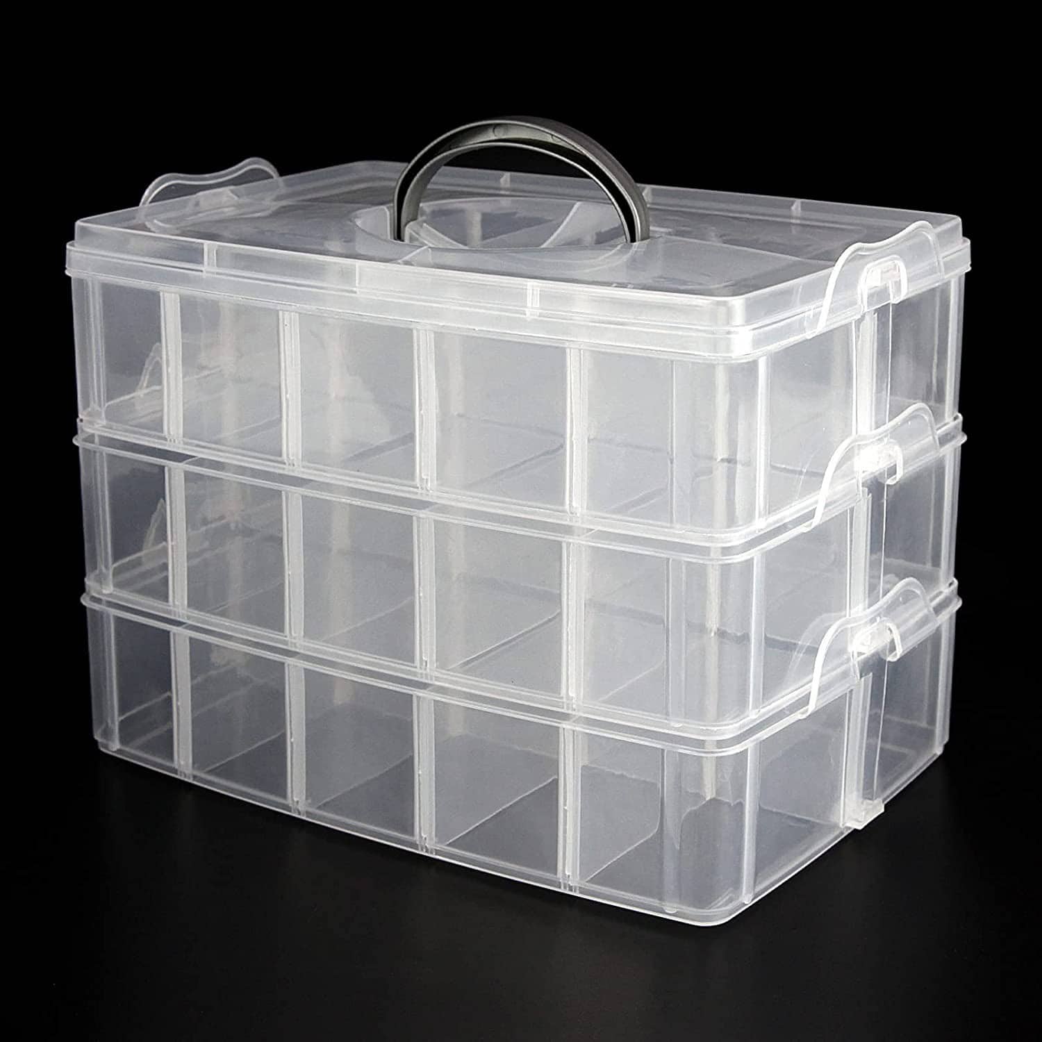 Clear plastic organizer box storage for contact lenses, eyeglasses, or optical accessories at Monalisa Store. Durable, portable container for easy organization of optical supplies.