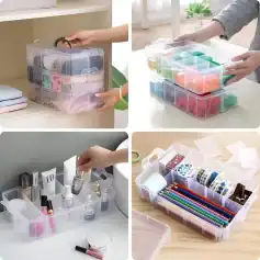 Organizing clear plastic storage boxes with compartments for makeup, cosmetics, stationery, and accessories for optimal storage at Monalisa Store.