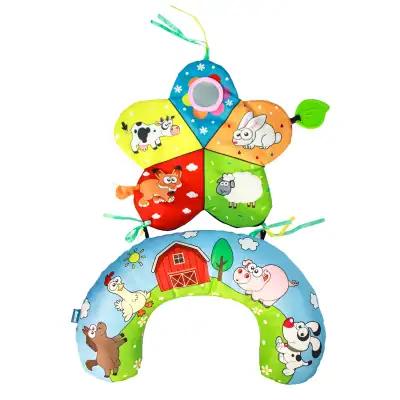 Cuddly farm animal plush toy with colorful farmyard scene, perfect for children’s educational toys, nursery décor, and farm animal lovers, promoting learning and imaginative play.